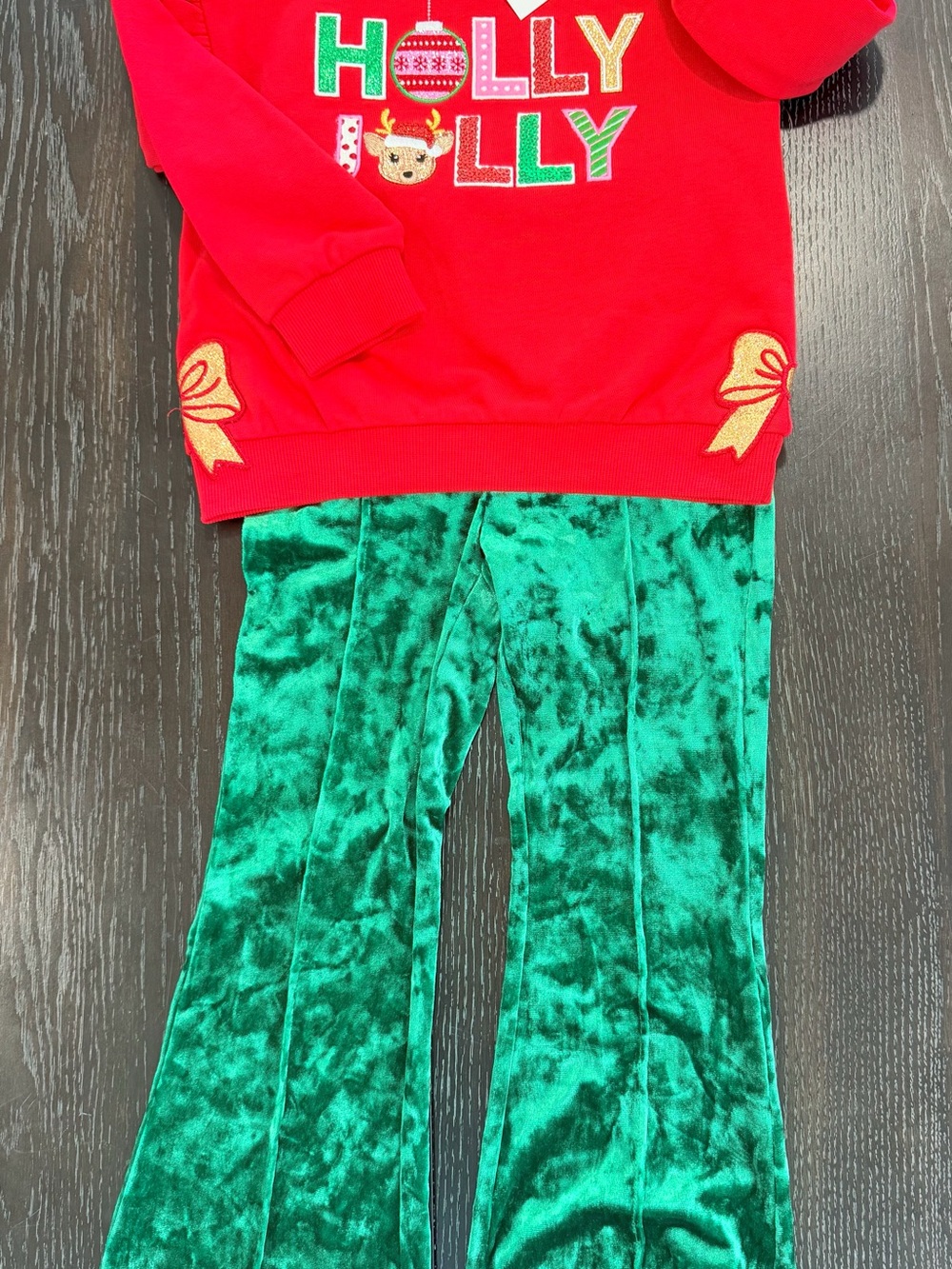 Rare Editions Red “HOLLY JOLLY” Sweater with Green Velvet Pants Holiday Set 4T/4